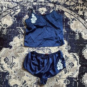 Blue Floral Pajama Set with Delicate Lace